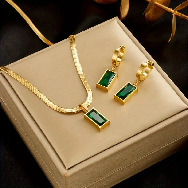 Luxe smaragdketting- en oorbellenset