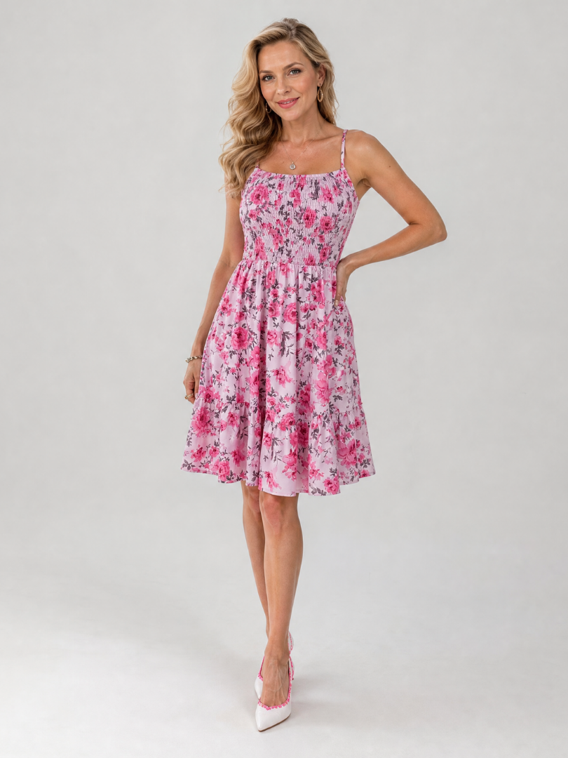 Aline | Knielange jurk met spaghettibandjes en bloemenprint