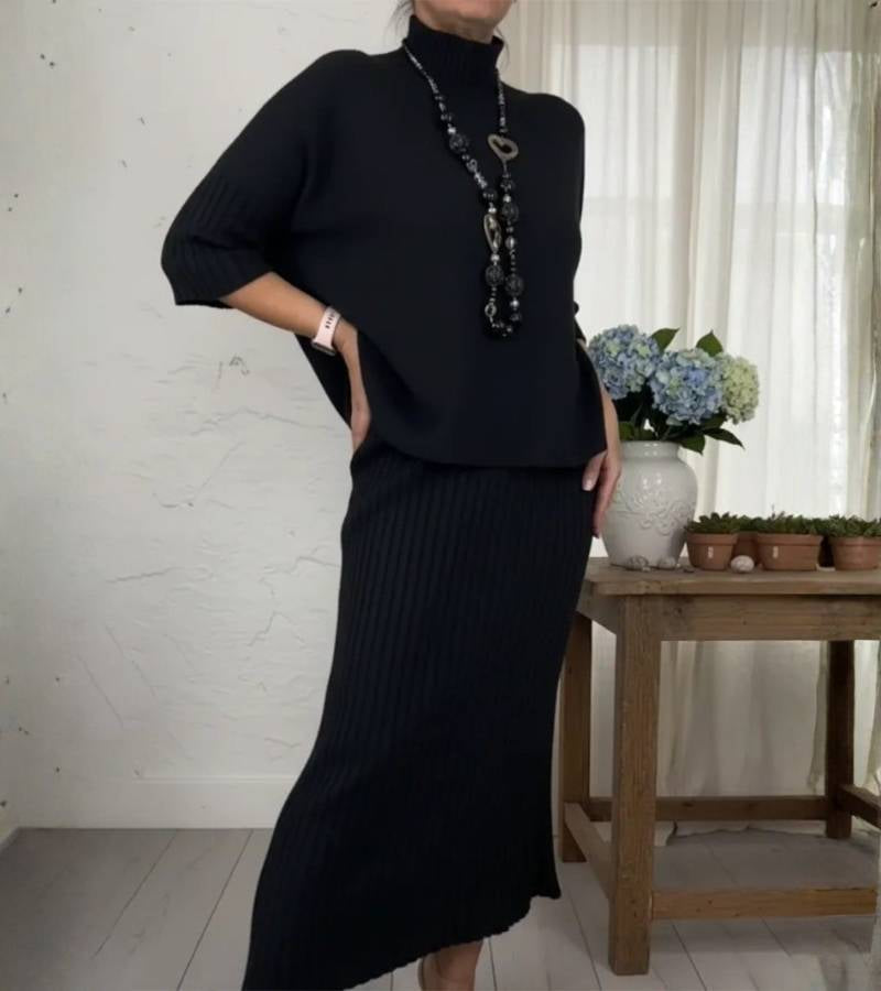 Rosemarie | Gebreide set met geribbelde midirok