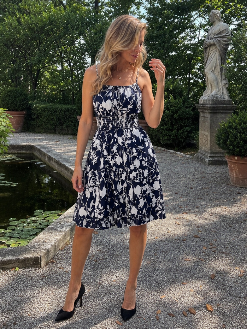 Froukje | Mouwloze knielange jurk met abstracte print