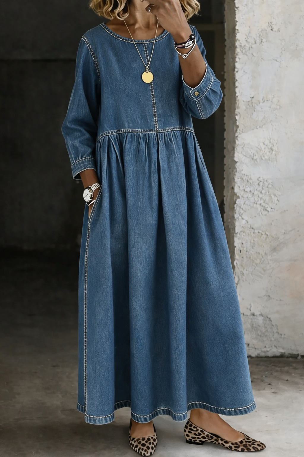 Merrily | Denimjurk met ronde hals en lange mouwen