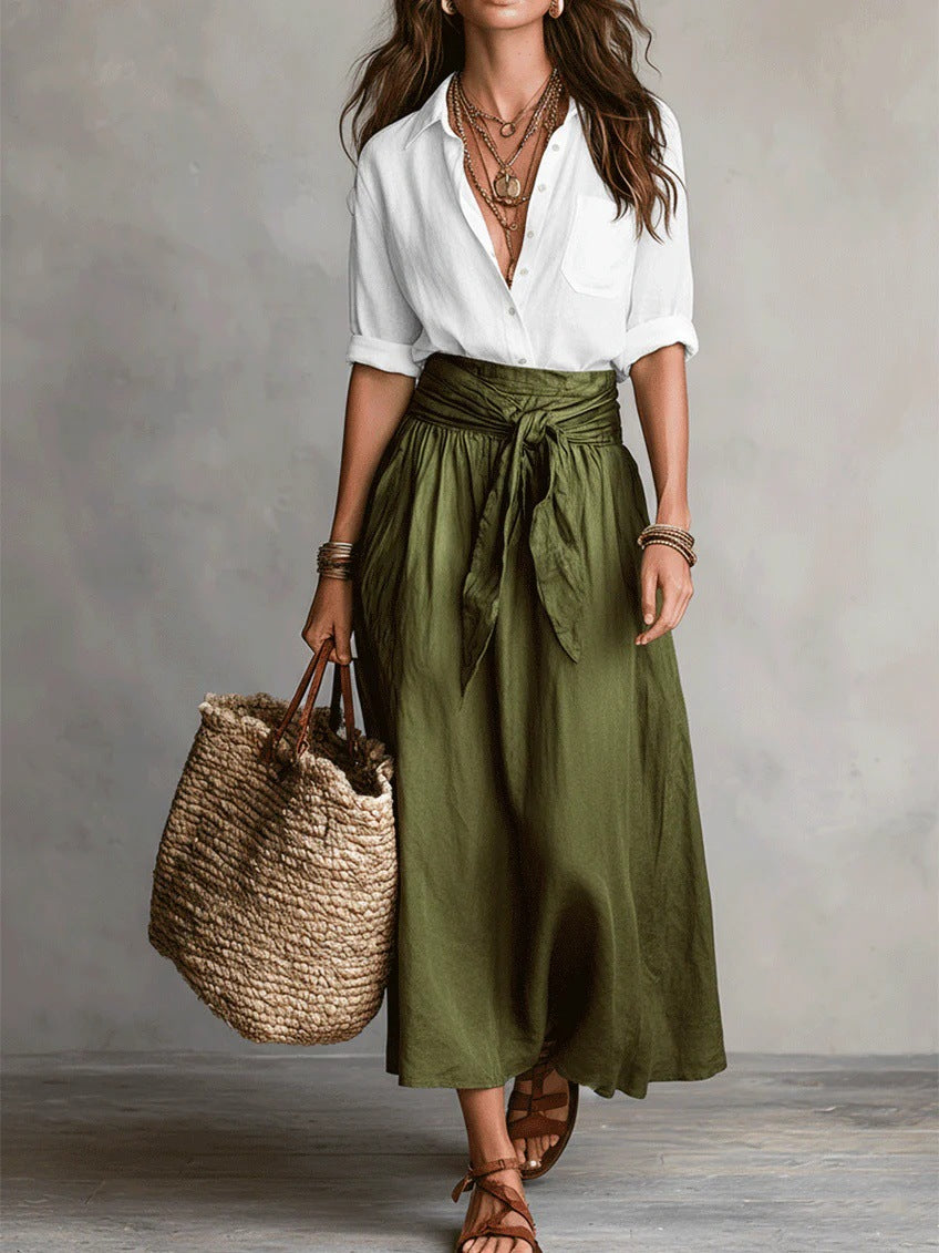 Rema | Tweedelige set: zwarte top en olijfgroene midirok
