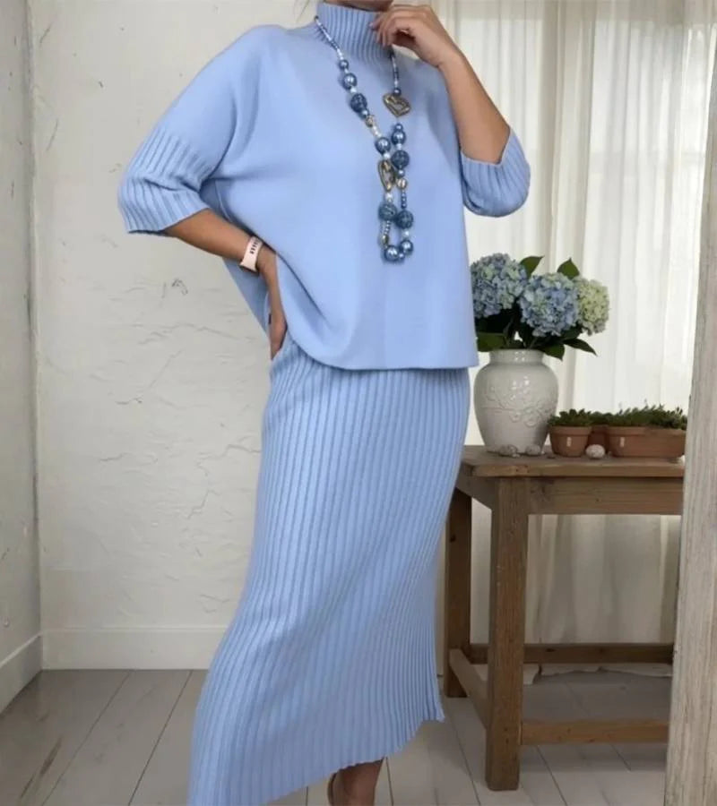 Rosemarie | Gebreide set met geribbelde midirok