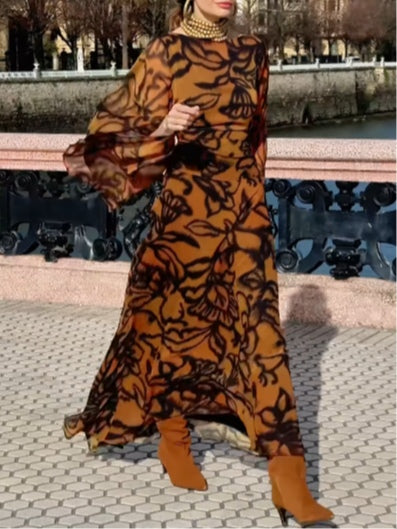 Machteld | Strandjurk in glamoureuze bruine kleur met print