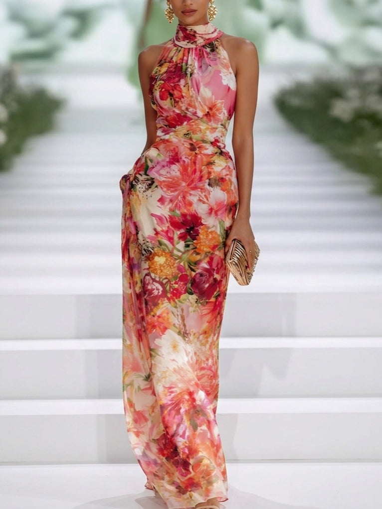 Marjoline | Rode maxi-jurk met bloemenprint en zonder mouwen