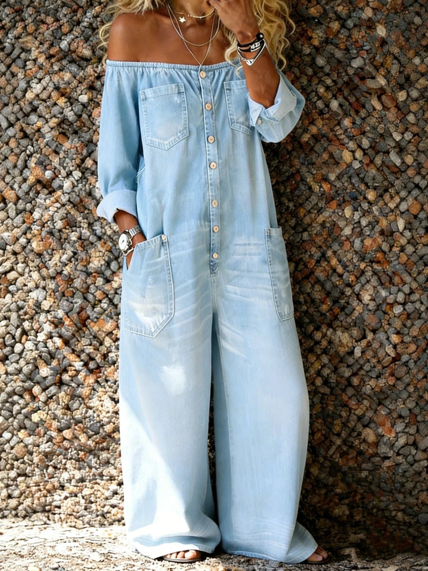 Aira | Denim Jumpsuit met Off-Shoulder Halslijn