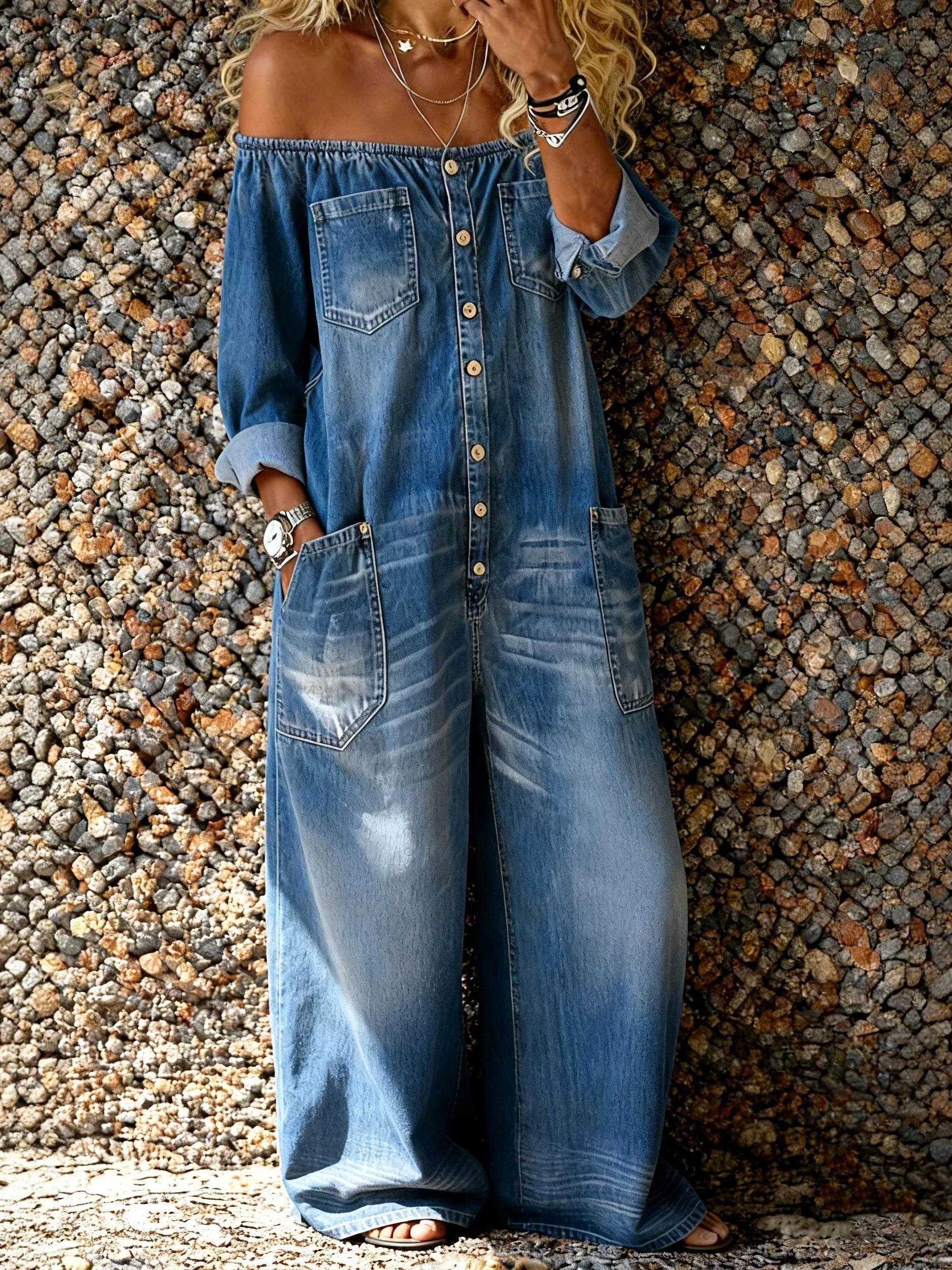 Aira | Denim Jumpsuit met Off-Shoulder Halslijn