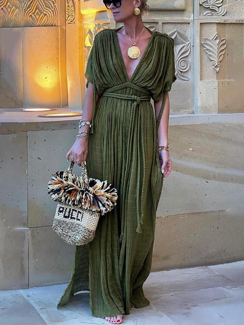 Godelieve | Maxi-jurk met split en gedrapeerde vlechtjes in kimono-stijl