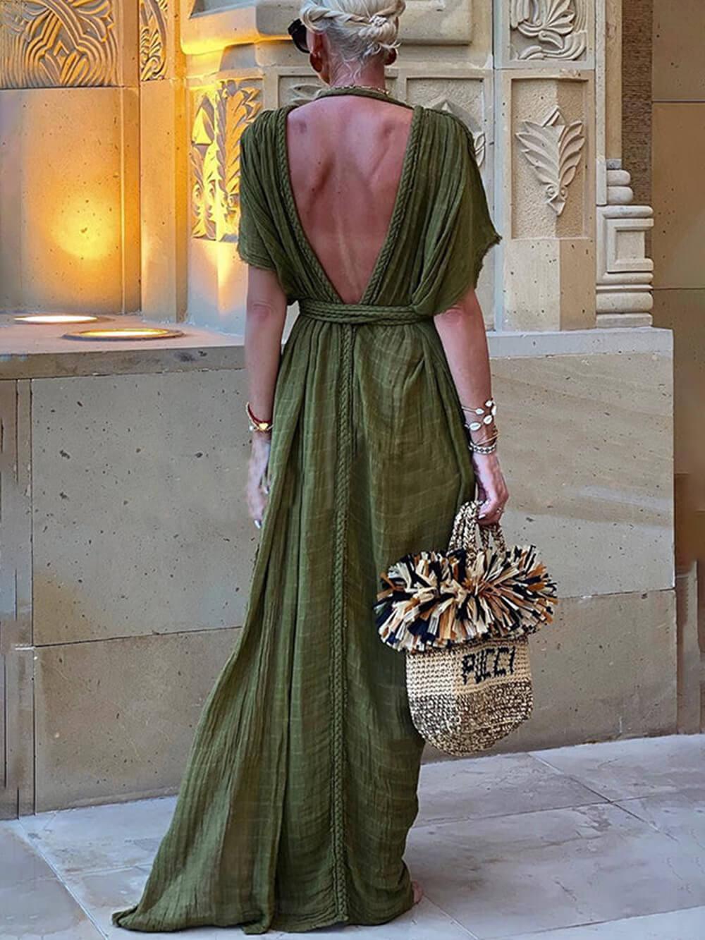 Godelieve | Maxi-jurk met split en gedrapeerde vlechtjes in kimono-stijl
