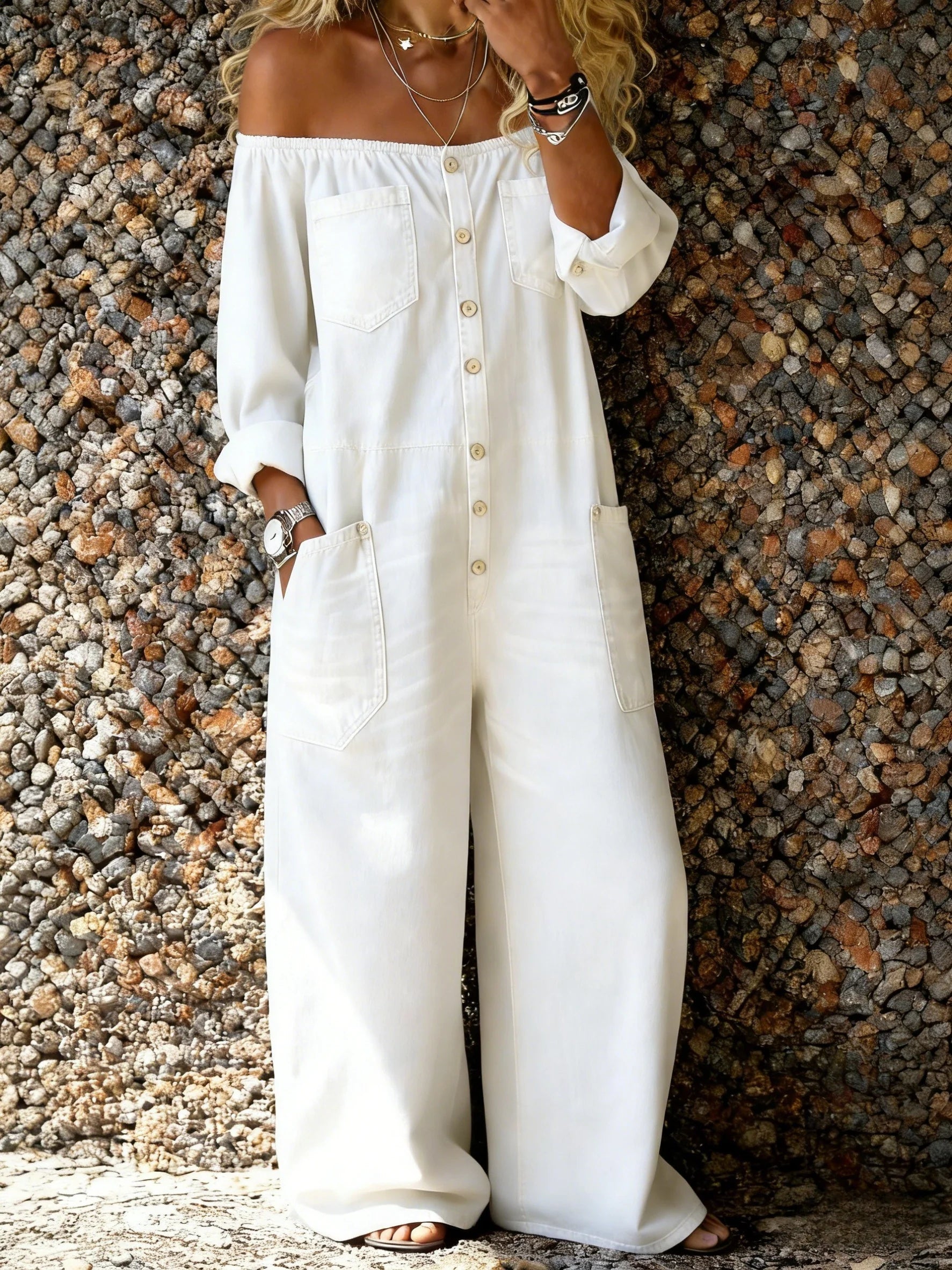 Jesyka | Denim Jumpsuit met Off-Shoulder Halslijn