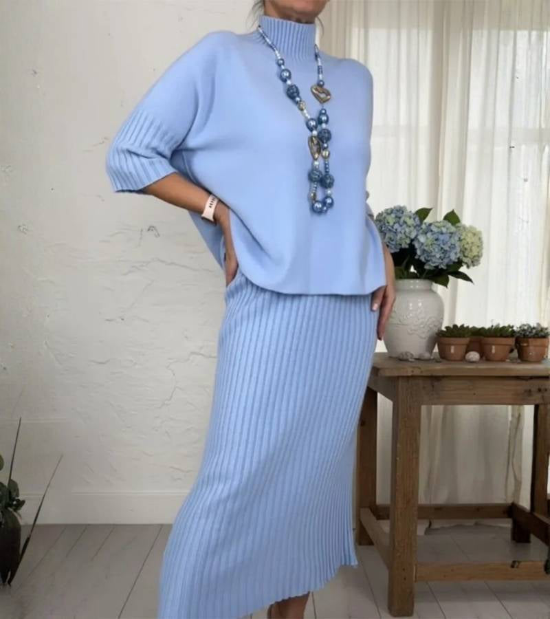 Rosemarie | Gebreide set met geribbelde midirok