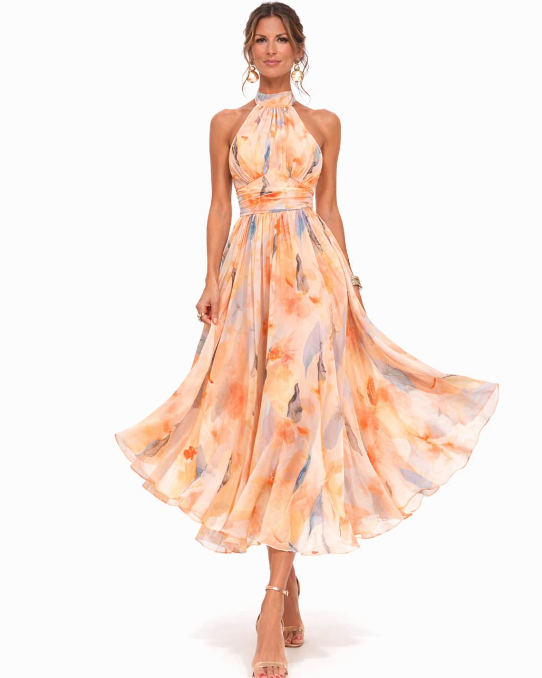 Heide | Jurk met halternek en aquarelprint