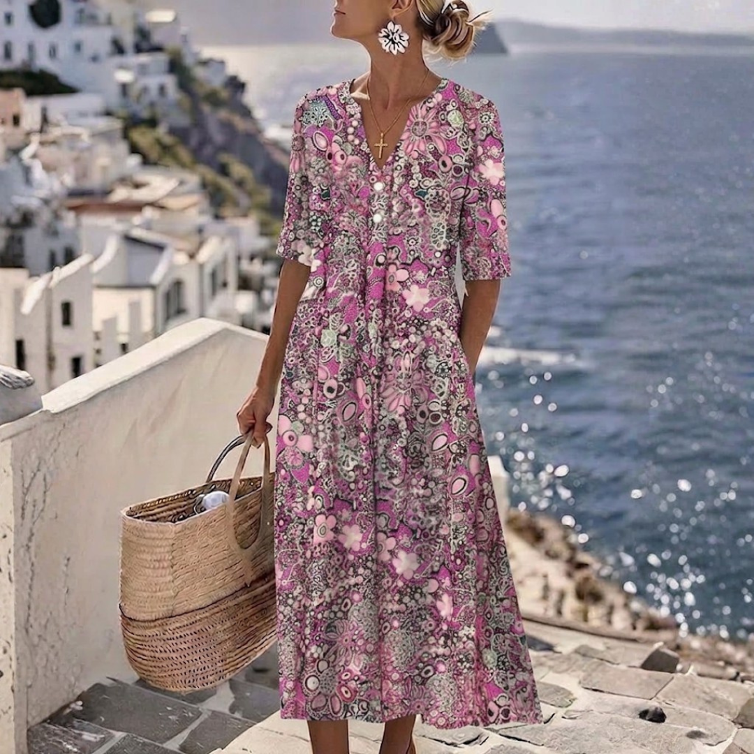 Janeth | Elegante zomerse midijurk die de buik bedekt