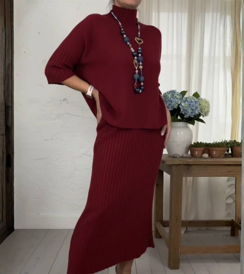 Rosemarie | Gebreide set met geribbelde midirok