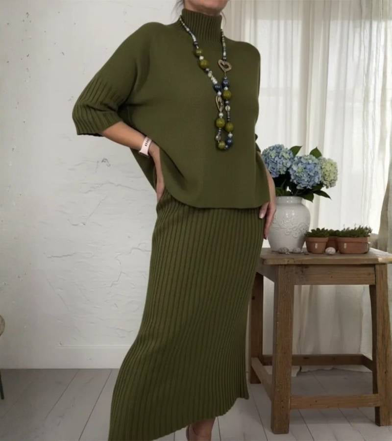 Rosemarie | Gebreide set met geribbelde midirok