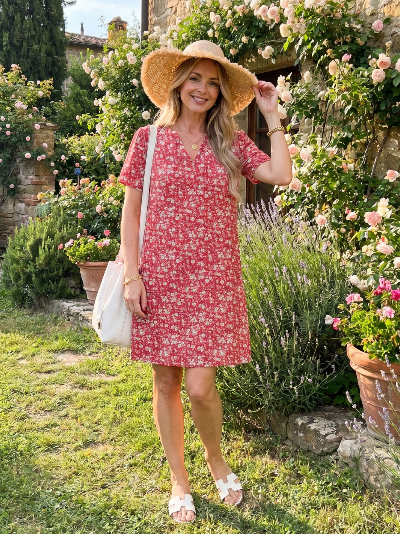 Heleen | Knie-lange jurk met korte mouwen en geometrische print