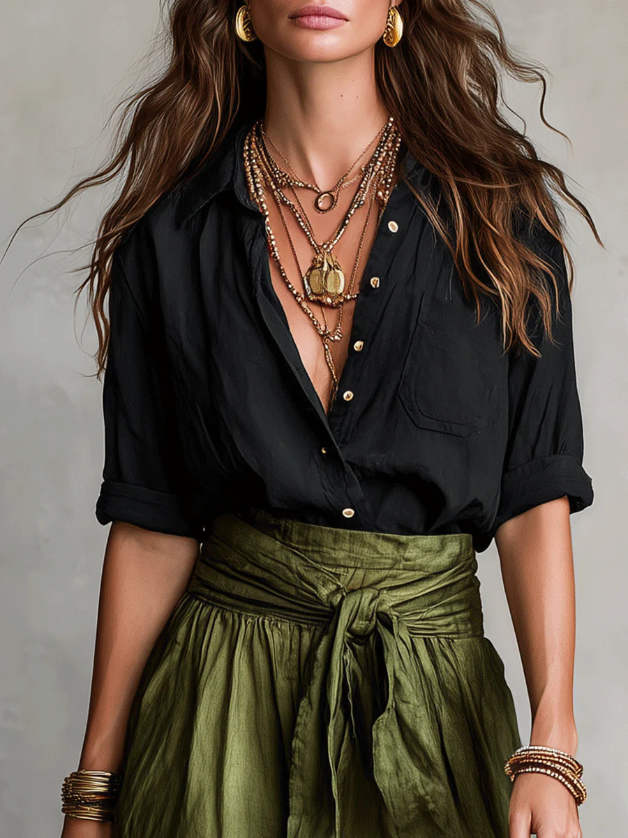 Rema | Tweedelige set: zwarte top en olijfgroene midirok
