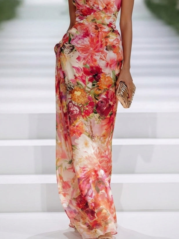 Marjoline | Rode maxi-jurk met bloemenprint en zonder mouwen