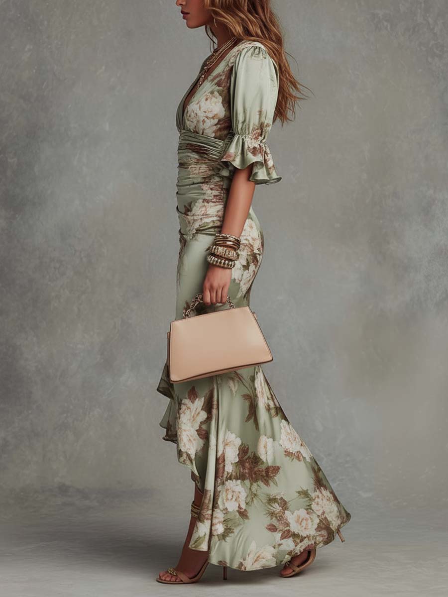Anya | Asymmetrische lange groen maxi-jurk