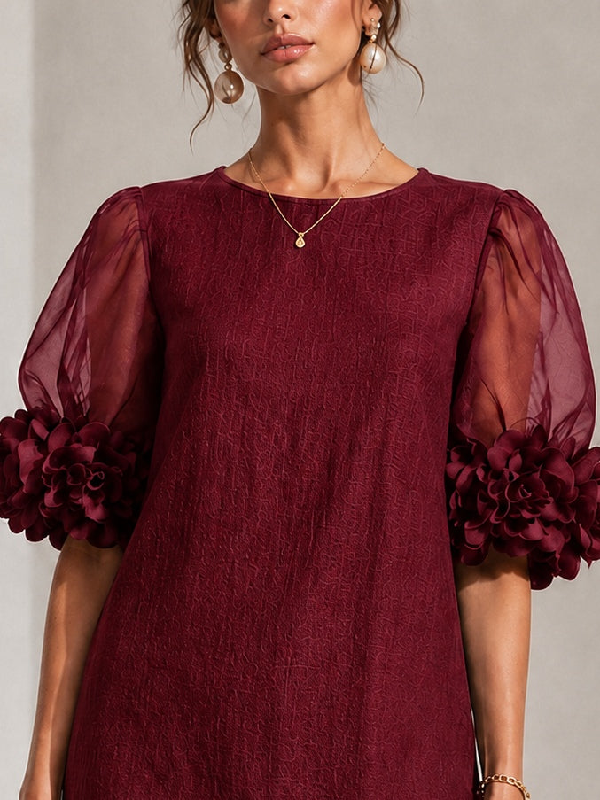 Amaris | Organza jurk met pofmouwen en bloemenmotief