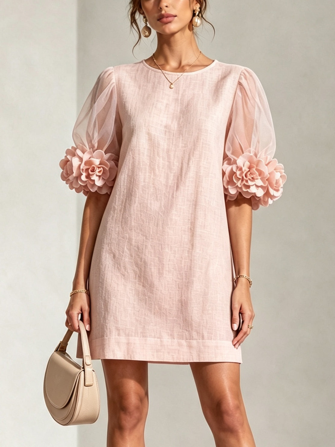 Amaris | Organza jurk met pofmouwen en bloemenmotief