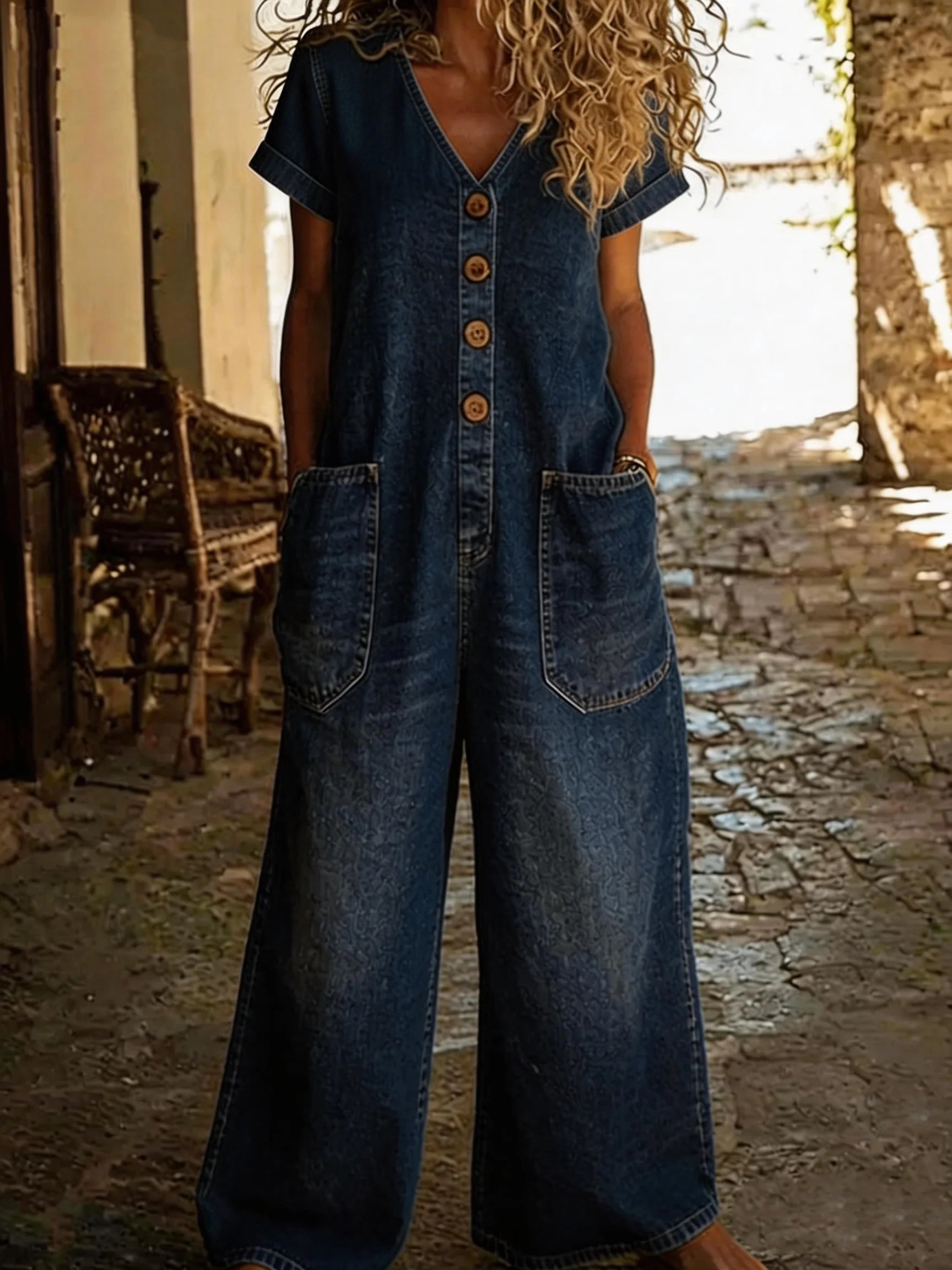 Lisolette | Denim Jumpsuit met V-hals en Korte Mouwen