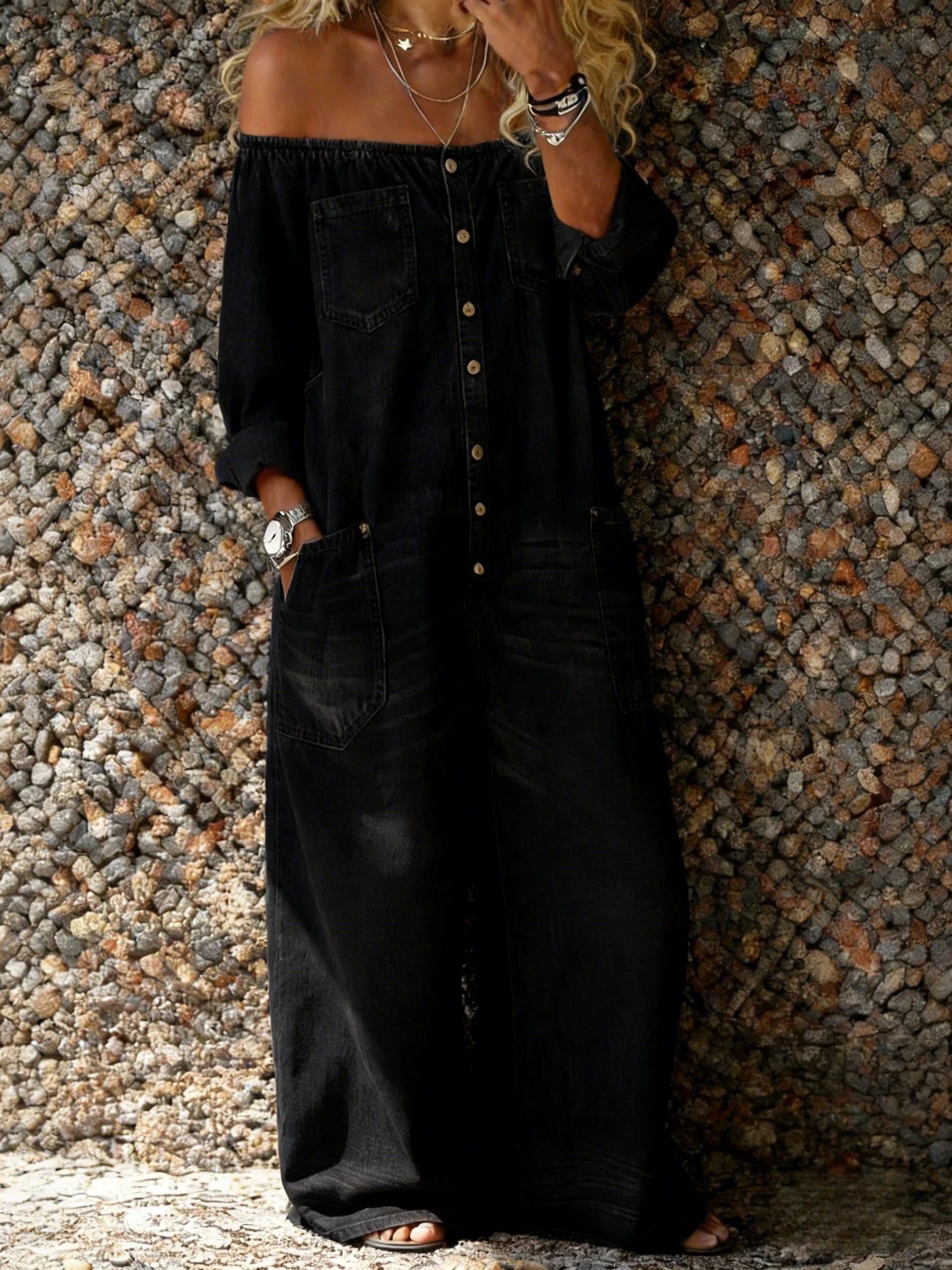 Aira | Denim Jumpsuit met Off-Shoulder Halslijn